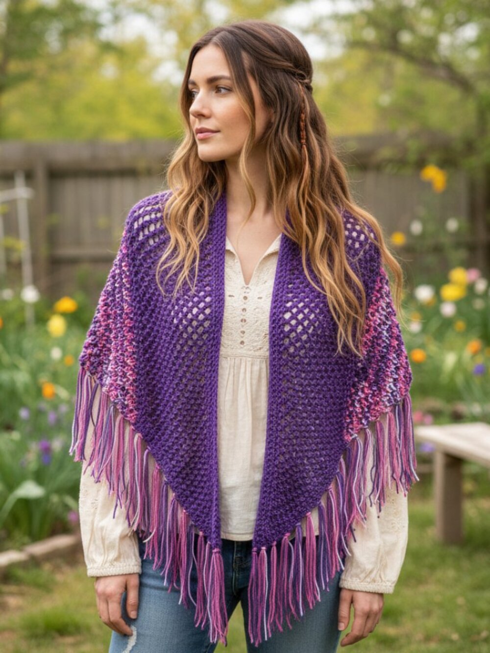 NEW Purple Pink Multi Loose Knit Hand Knitted Shawl Wrap Scarf Boho Hippie Indie